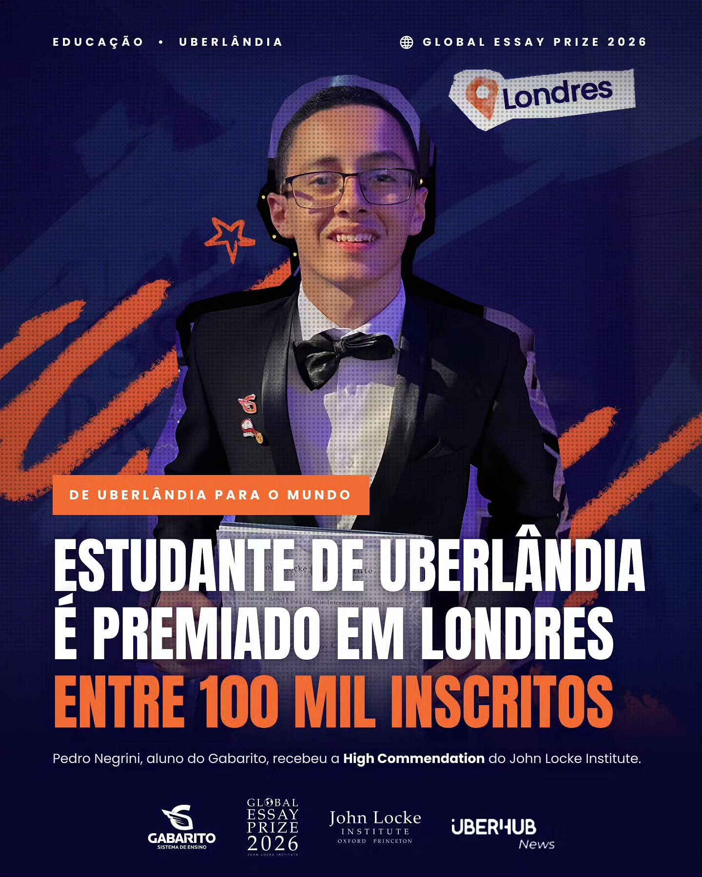 Estudante de Uberlândia é premiado em Londres entre mais de 100 mil inscritos